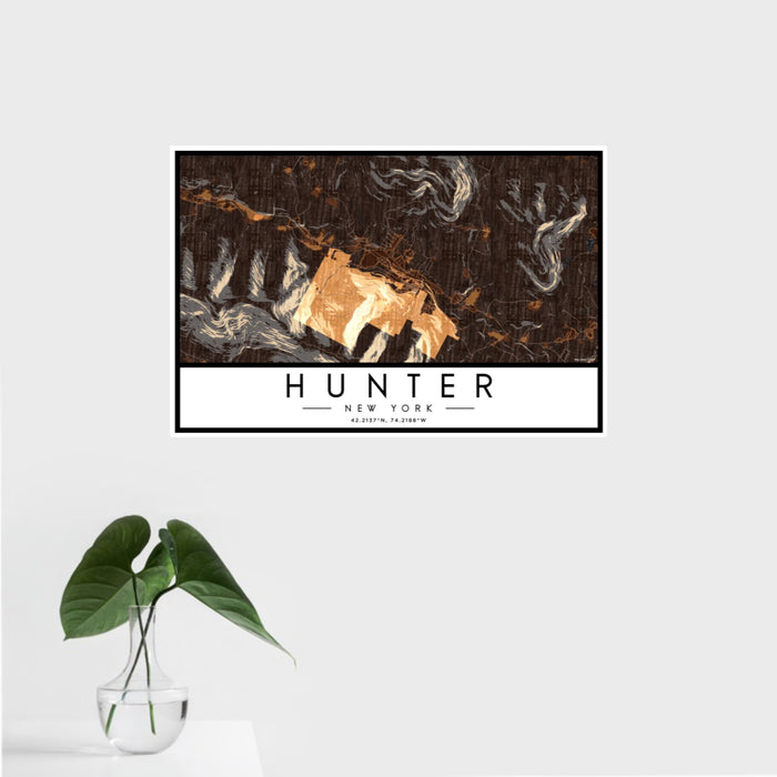 16x24 Hunter New York Map Print Landscape Orientation in Ember Style With Tropical Plant Leaves in Water