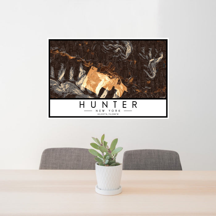 24x36 Hunter New York Map Print Landscape Orientation in Ember Style Behind 2 Chairs Table and Potted Plant