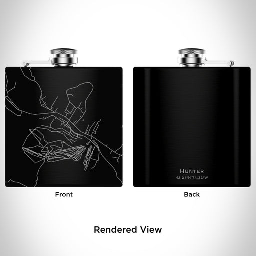 Rendered View of Hunter New York Map Engraving on 6oz Stainless Steel Flask in Black