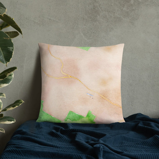 Custom Hunter New York Map Throw Pillow in Watercolor on Bedding Against Wall