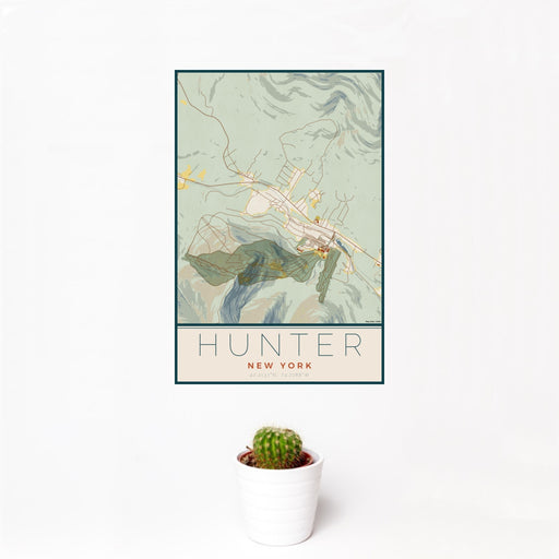 12x18 Hunter New York Map Print Portrait Orientation in Woodblock Style With Small Cactus Plant in White Planter