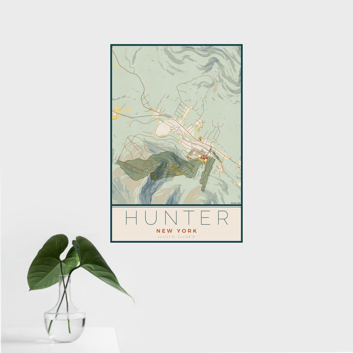 16x24 Hunter New York Map Print Portrait Orientation in Woodblock Style With Tropical Plant Leaves in Water