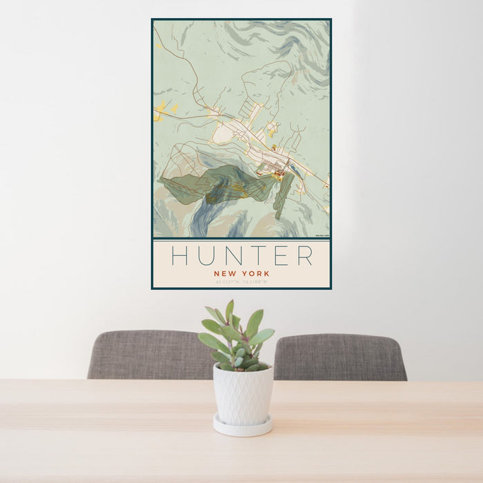 24x36 Hunter New York Map Print Portrait Orientation in Woodblock Style Behind 2 Chairs Table and Potted Plant