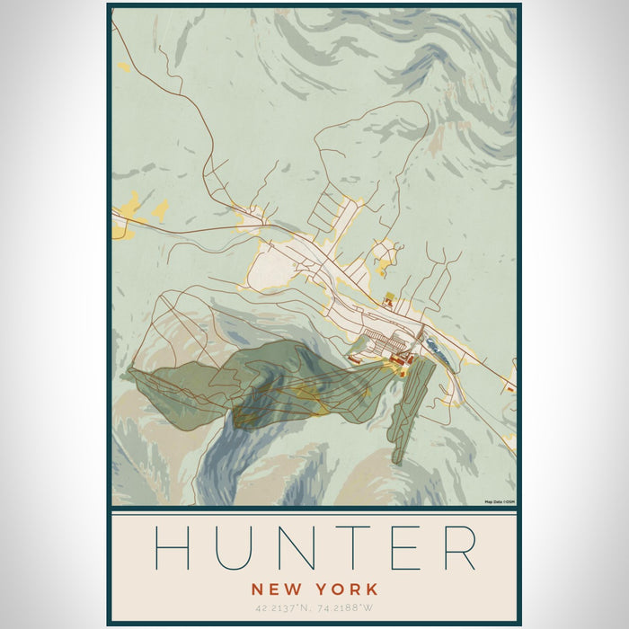 Hunter New York Map Print Portrait Orientation in Woodblock Style With Shaded Background