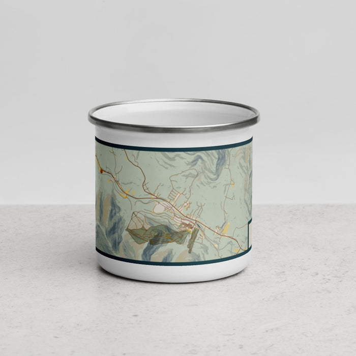 Front View Custom Hunter New York Map Enamel Mug in Woodblock