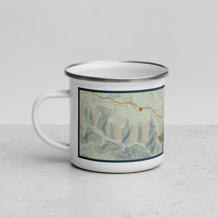Left View Custom Hunter New York Map Enamel Mug in Woodblock