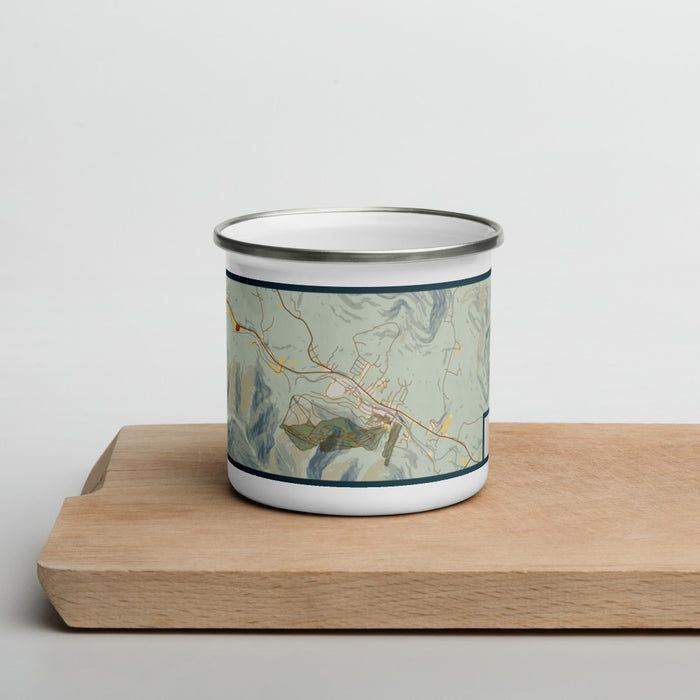 Front View Custom Hunter New York Map Enamel Mug in Woodblock on Cutting Board