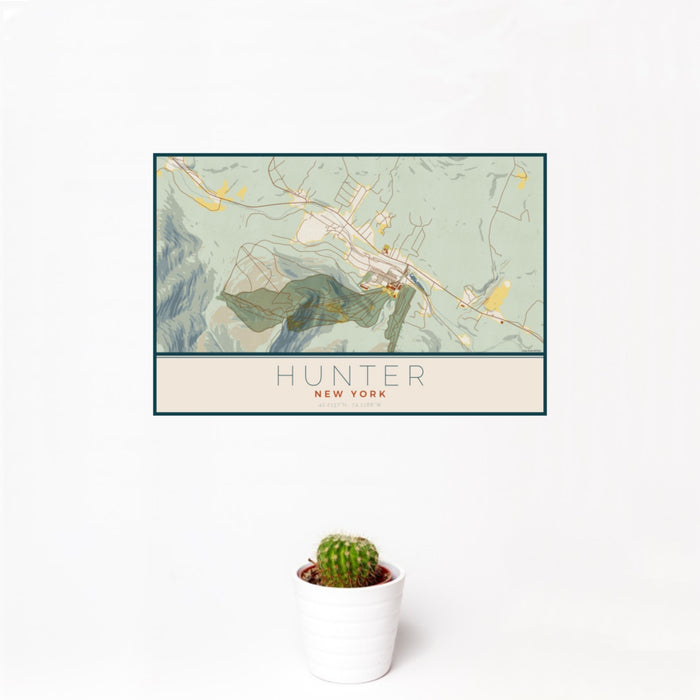 12x18 Hunter New York Map Print Landscape Orientation in Woodblock Style With Small Cactus Plant in White Planter