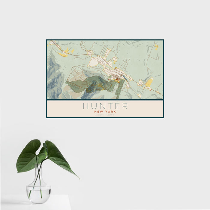 16x24 Hunter New York Map Print Landscape Orientation in Woodblock Style With Tropical Plant Leaves in Water