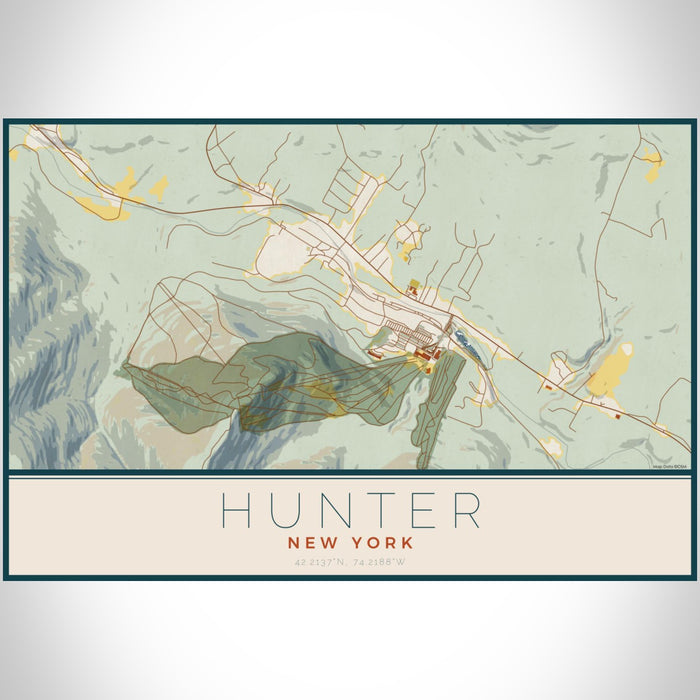 Hunter New York Map Print Landscape Orientation in Woodblock Style With Shaded Background