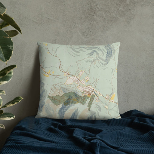 Custom Hunter New York Map Throw Pillow in Woodblock on Bedding Against Wall