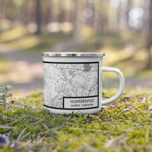 Right View Custom Huntersville North Carolina Map Enamel Mug in Classic on Grass With Trees in Background