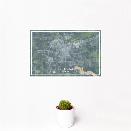 12x18 Huntington Indiana Map Print Landscape Orientation in Afternoon Style With Small Cactus Plant in White Planter