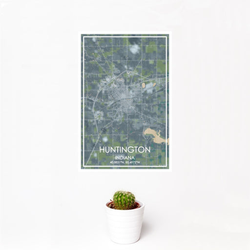 12x18 Huntington Indiana Map Print Portrait Orientation in Afternoon Style With Small Cactus Plant in White Planter