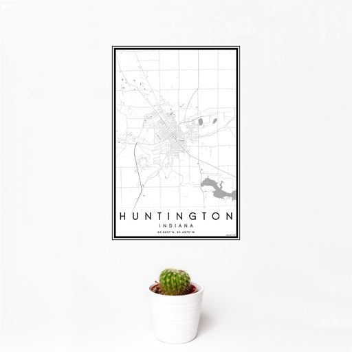 12x18 Huntington Indiana Map Print Portrait Orientation in Classic Style With Small Cactus Plant in White Planter