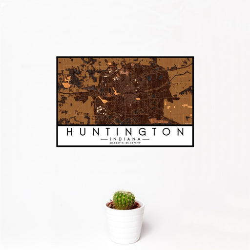12x18 Huntington Indiana Map Print Landscape Orientation in Ember Style With Small Cactus Plant in White Planter