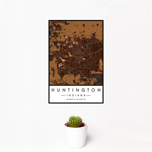 12x18 Huntington Indiana Map Print Portrait Orientation in Ember Style With Small Cactus Plant in White Planter
