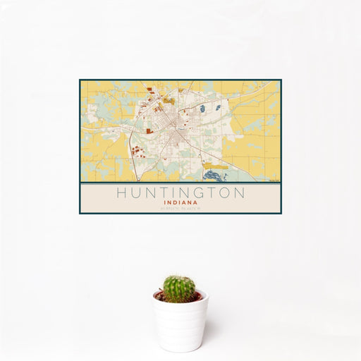 12x18 Huntington Indiana Map Print Landscape Orientation in Woodblock Style With Small Cactus Plant in White Planter