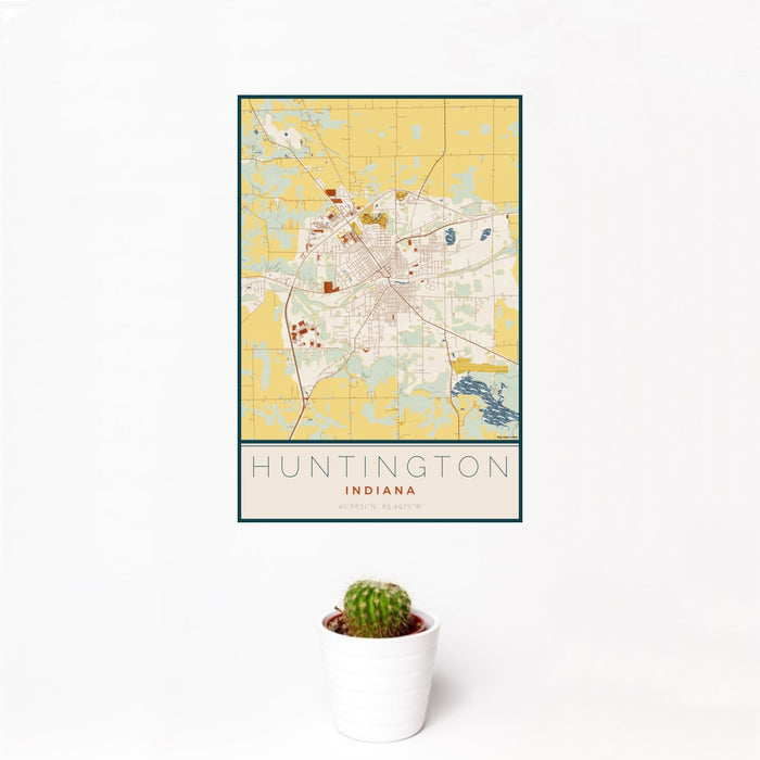 12x18 Huntington Indiana Map Print Portrait Orientation in Woodblock Style With Small Cactus Plant in White Planter