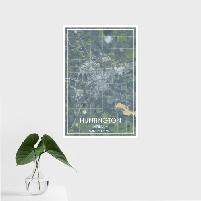 16x24 Huntington Indiana Map Print Portrait Orientation in Afternoon Style With Tropical Plant Leaves in Water