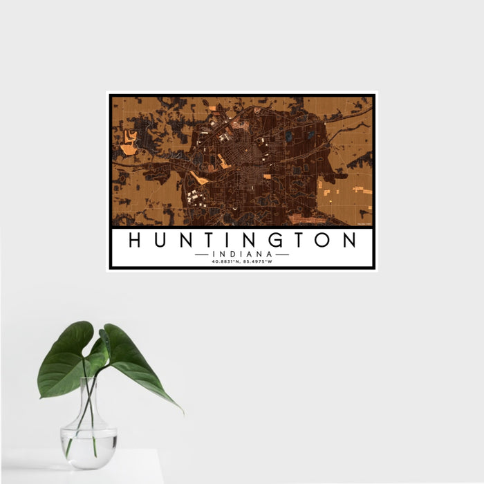 16x24 Huntington Indiana Map Print Landscape Orientation in Ember Style With Tropical Plant Leaves in Water