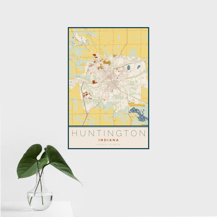 16x24 Huntington Indiana Map Print Portrait Orientation in Woodblock Style With Tropical Plant Leaves in Water