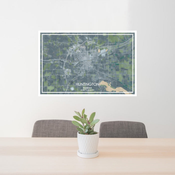 24x36 Huntington Indiana Map Print Lanscape Orientation in Afternoon Style Behind 2 Chairs Table and Potted Plant
