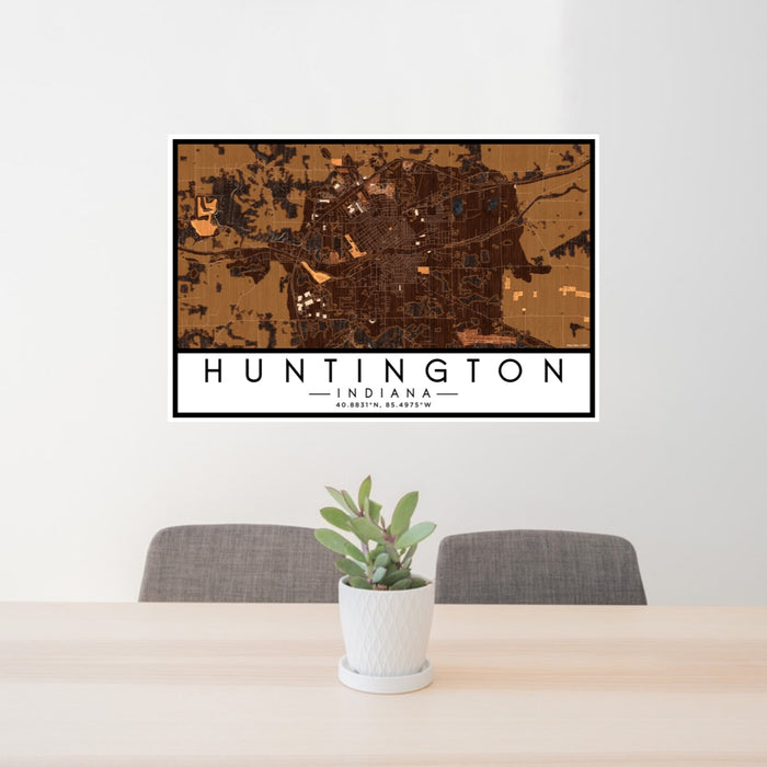 24x36 Huntington Indiana Map Print Lanscape Orientation in Ember Style Behind 2 Chairs Table and Potted Plant