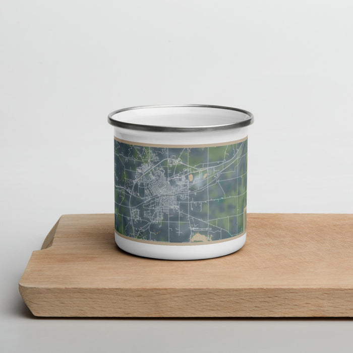 Front View Custom Huntington Indiana Map Enamel Mug in Afternoon on Cutting Board