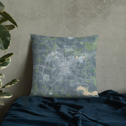 Custom Huntington Indiana Map Throw Pillow in Afternoon on Bedding Against Wall