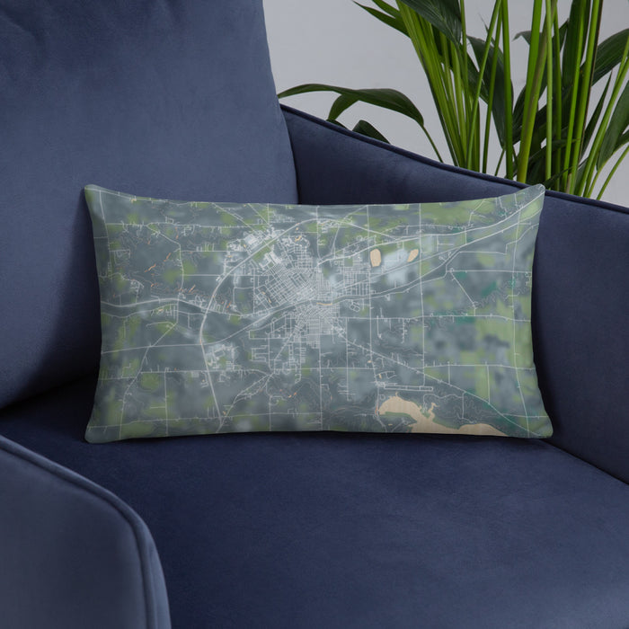 Custom Huntington Indiana Map Throw Pillow in Afternoon on Blue Colored Chair