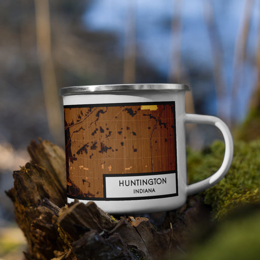 Right View Custom Huntington Indiana Map Enamel Mug in Ember on Grass With Trees in Background