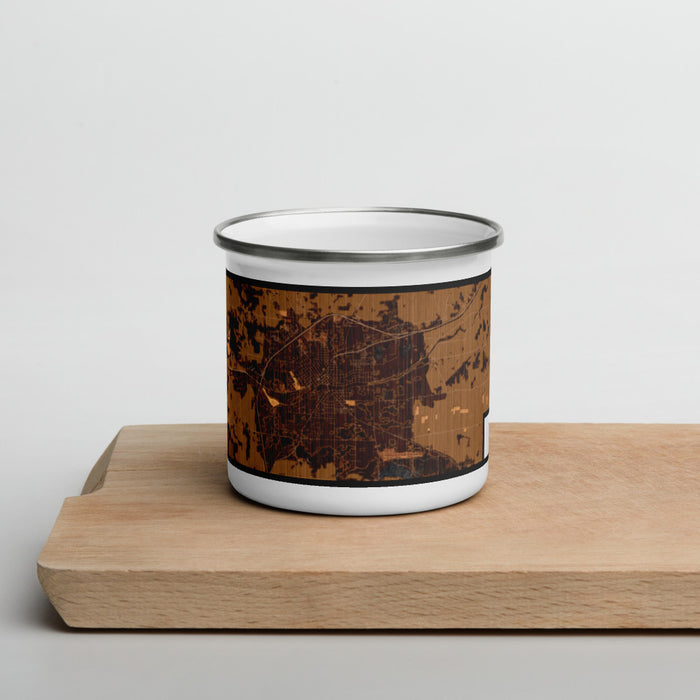 Front View Custom Huntington Indiana Map Enamel Mug in Ember on Cutting Board