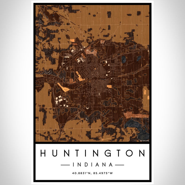 Huntington Indiana Map Print Portrait Orientation in Ember Style With Shaded Background