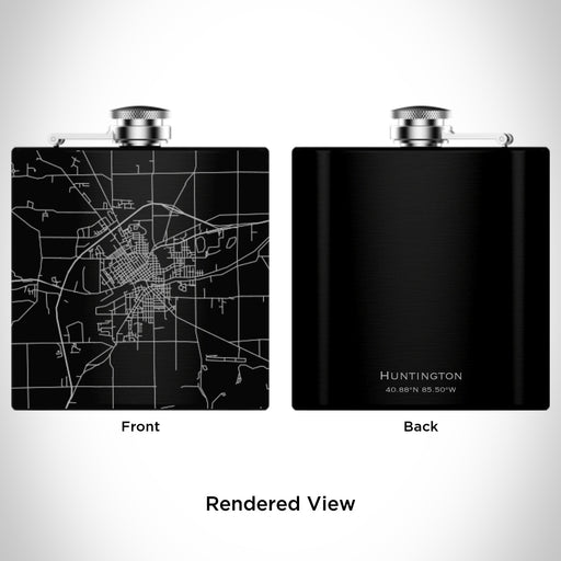 Rendered View of Huntington Indiana Map Engraving on 6oz Stainless Steel Flask in Black