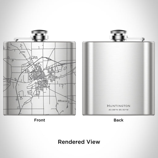 Rendered View of Huntington Indiana Map Engraving on 6oz Stainless Steel Flask