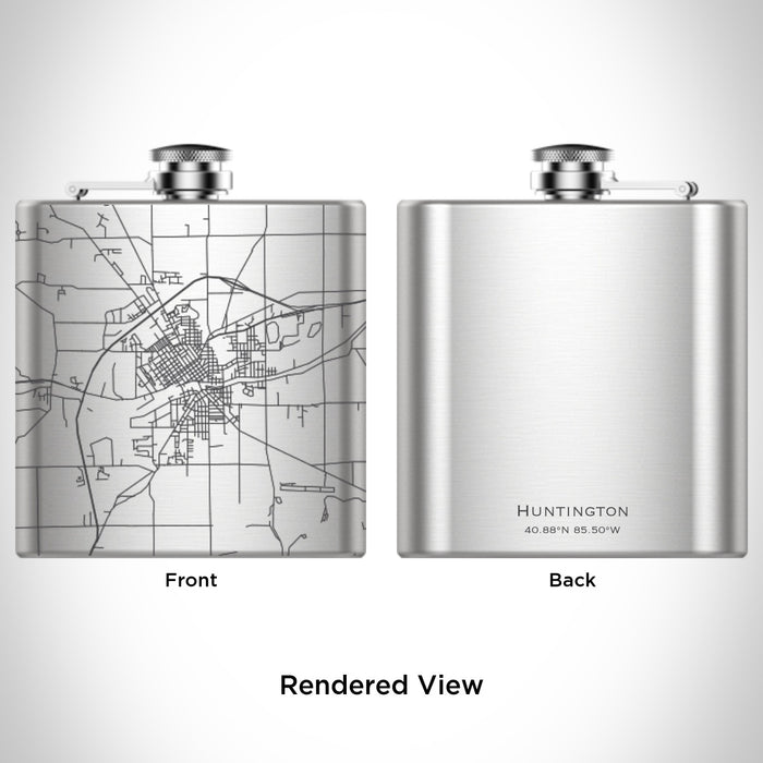 Rendered View of Huntington Indiana Map Engraving on 6oz Stainless Steel Flask