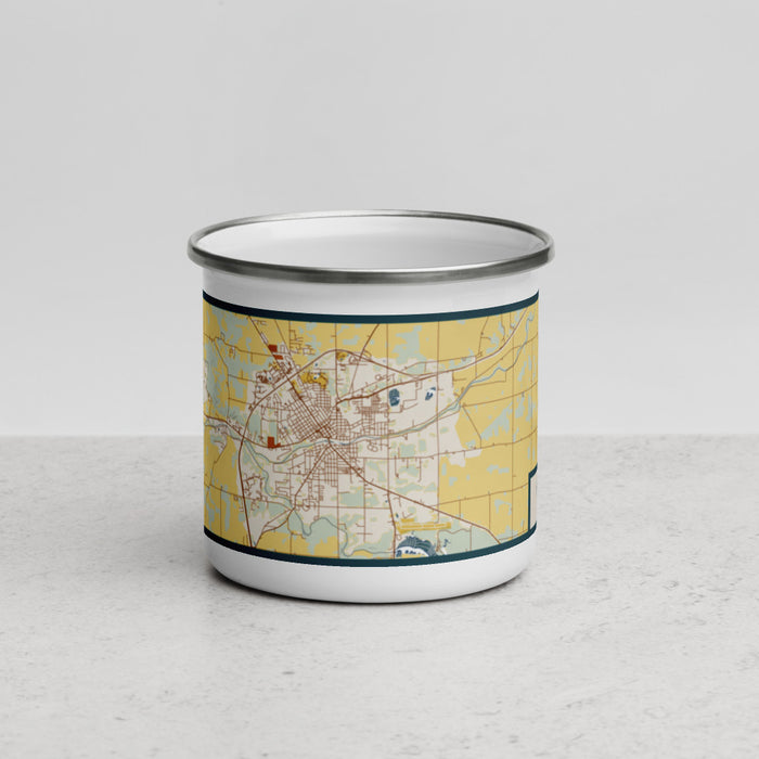 Front View Custom Huntington Indiana Map Enamel Mug in Woodblock