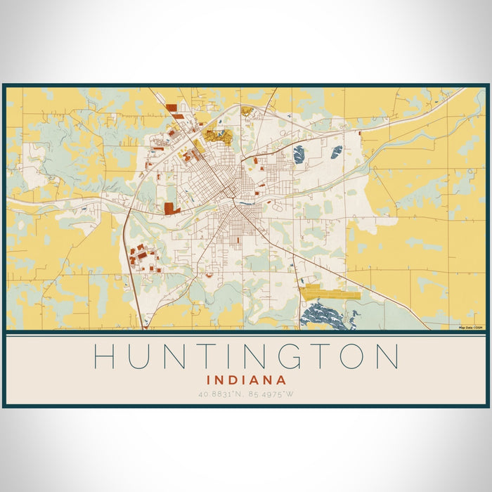 Huntington Indiana Map Print Landscape Orientation in Woodblock Style With Shaded Background