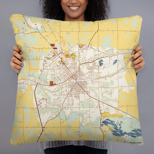 Person holding 22x22 Custom Huntington Indiana Map Throw Pillow in Woodblock