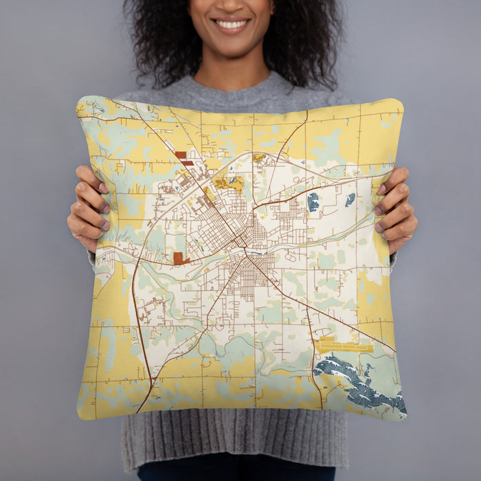 Person holding 18x18 Custom Huntington Indiana Map Throw Pillow in Woodblock