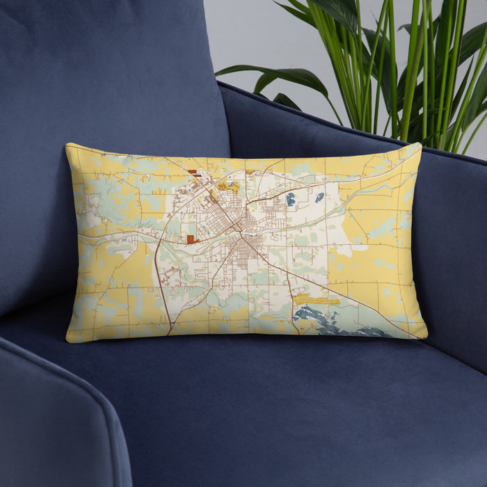 Custom Huntington Indiana Map Throw Pillow in Woodblock on Blue Colored Chair