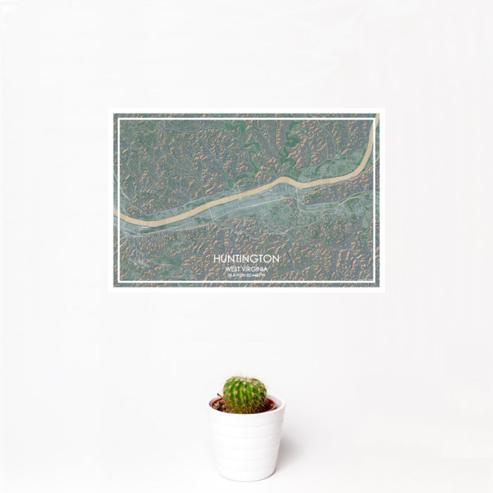 12x18 Huntington West Virginia Map Print Landscape Orientation in Afternoon Style With Small Cactus Plant in White Planter