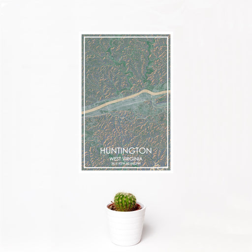 12x18 Huntington West Virginia Map Print Portrait Orientation in Afternoon Style With Small Cactus Plant in White Planter
