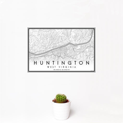 12x18 Huntington West Virginia Map Print Landscape Orientation in Classic Style With Small Cactus Plant in White Planter