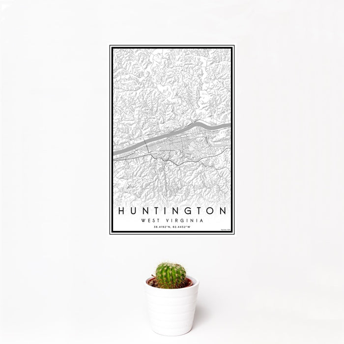 12x18 Huntington West Virginia Map Print Portrait Orientation in Classic Style With Small Cactus Plant in White Planter