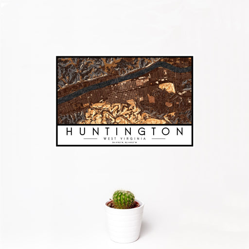 12x18 Huntington West Virginia Map Print Landscape Orientation in Ember Style With Small Cactus Plant in White Planter
