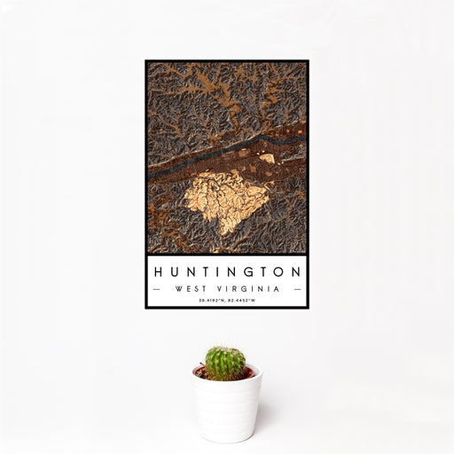 12x18 Huntington West Virginia Map Print Portrait Orientation in Ember Style With Small Cactus Plant in White Planter