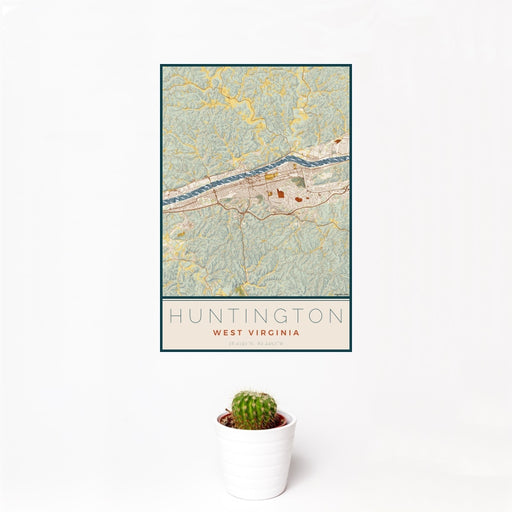 12x18 Huntington West Virginia Map Print Portrait Orientation in Woodblock Style With Small Cactus Plant in White Planter
