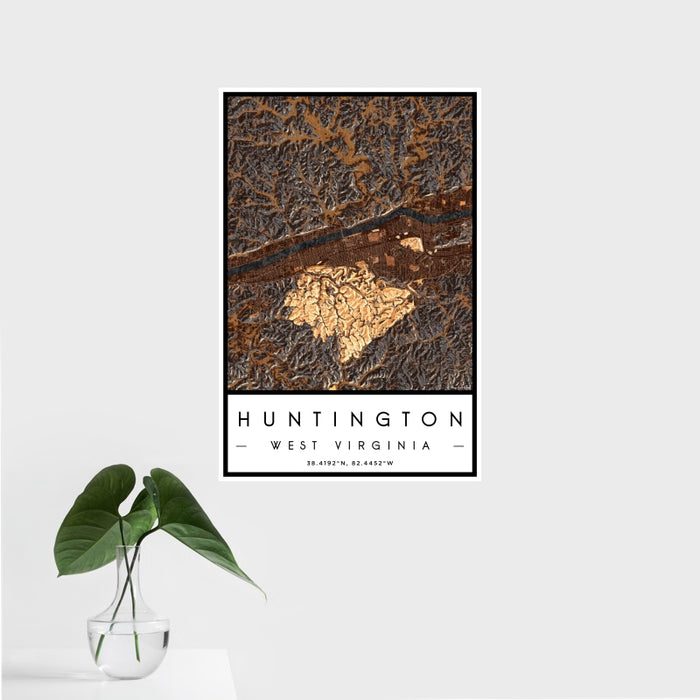 16x24 Huntington West Virginia Map Print Portrait Orientation in Ember Style With Tropical Plant Leaves in Water